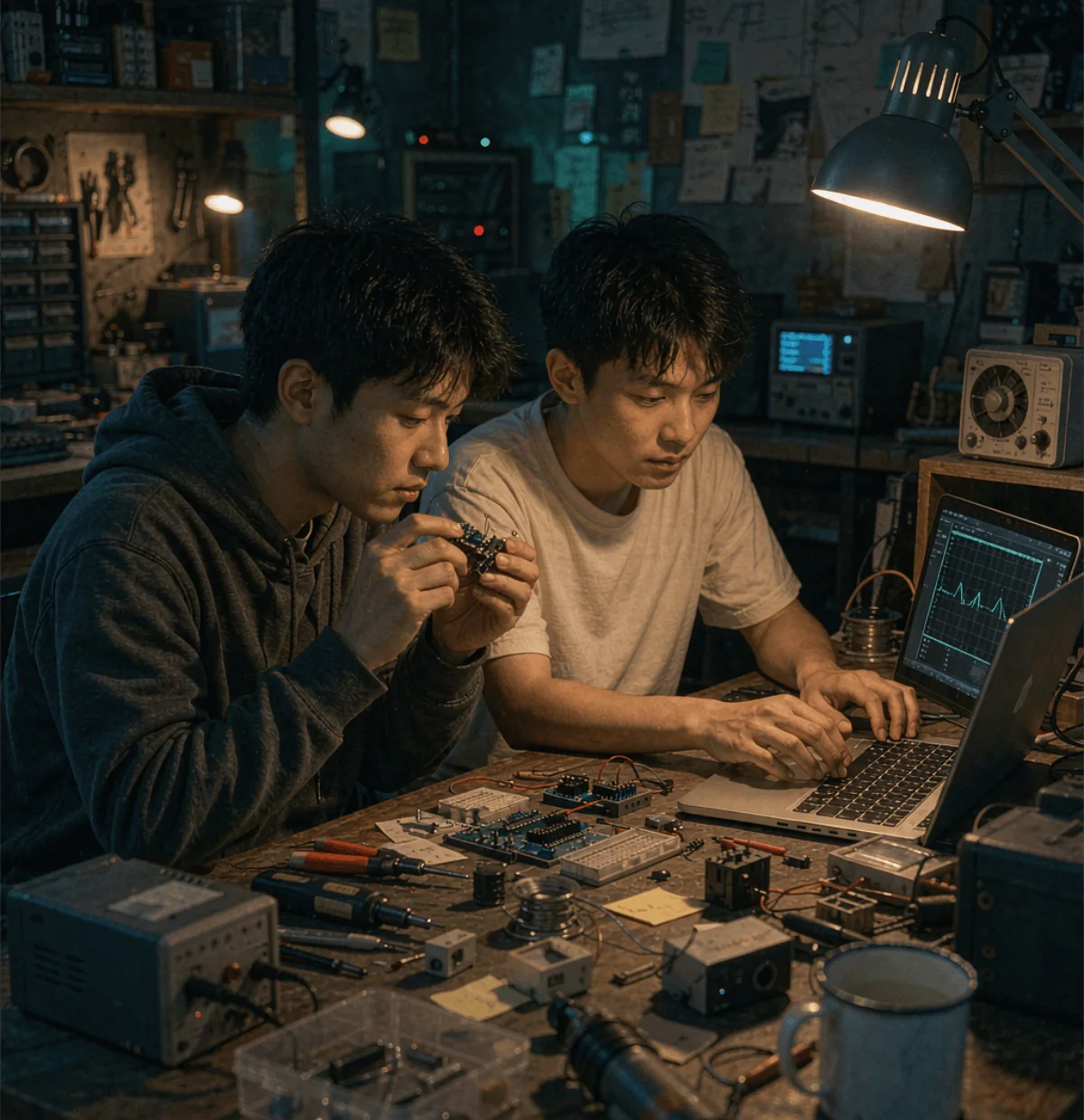 两位成员在工作室里一起调试电路与程序